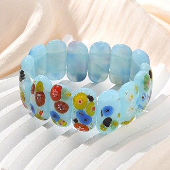 Handmade Millefiori Lampwork Beaded Stretch Bracelets for Men Women, Oval, Pale Turquoise, 7/8~1x1/2 inch(2.3~2.4x1.15~1.2cm), Inner Diameter: 2~2-3/8 inch(4.95~5.95cm)