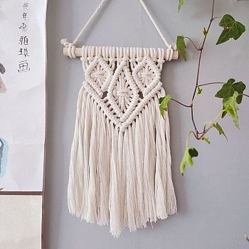 Cotton Cord Macrame Woven Wall Hanging, with Plastic Non-Trace Wall Hooks, for Nursery and Home Decoration, Floral White, 535x200x19mm