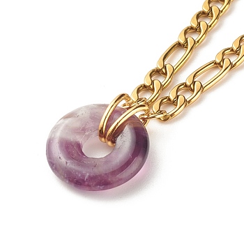 Natural Amethyst Donut Pendant Necklace, Gemstone Necklace with 304 Stainless Steel Figaro Chain for Women, Golden, 15.87 inch(40.3cm)