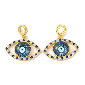 Rack Plating Brass Micro Pave Cubic Zirconia Pendant, with Glass, Long-Lasting Plated, Evil Eye, Real 18K Gold Plated, Royal Blue, 30x28.5x5.5mm, Hole: 6mm