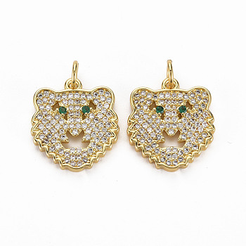 Brass Micro Pave Clear Cubic Zirconia Pendants, Nickel Free, Leopard Head Shape, Real 18K Gold Plated, 17x15.5x2.5mm, Hole: 3mm, Jump Ring: 5x1mm, 3mm inner diameter