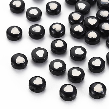 Handmade Lampwork Beads, with Platinum Plated Brass Embellishments, Flat Round with Heart, Black, 8x5mm, Hole: 0.8mm
