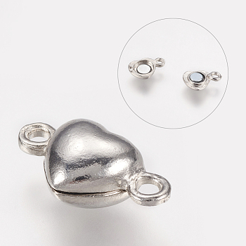 Alloy Magnetic Clasps with Loops, Nickel Free, Heart, Platinum, 17x10x6.5mm, Hole: 1.5mm