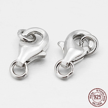 Rhodium Plated 925 Sterling Silver Lobster Claw Clasps, Platinum, 8x5x2.5mm, Hole: 1.5mm