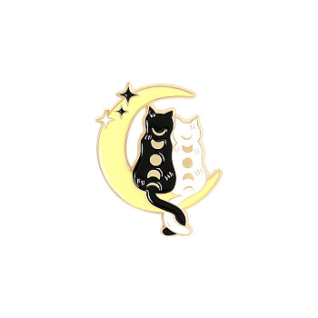 Cat with Moon Enamel Pin, Light Gold Plated Alloy Badge for Backpack Clothes, Champagne Yellow, 30x22mm