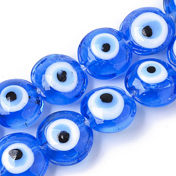 Handmade Evil Eye Lampwork Beads Strands, Flat Round, Blue, 16~17x8~9mm, Hole: 1.8mm, about 24pcs/strand, 12.60''(32cm)