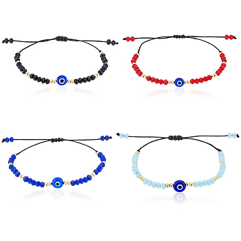 4Pcs 4 Colors Glass & Plastic Evil Eye Braided Bead Bracelets Set, Leather Cord Adjustable Bracelets for Women, Mixed Color, Inner Diameter: 1-5/8~3-1/8 inch(4.1~8cm), 1Pc/color