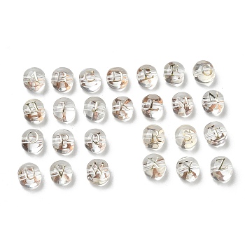 26Pcs Transparency Glass Beads, Flat Round with Alphabet A~Z, Clear, 8x7.5x6.5mm, Hole: 1.5mm