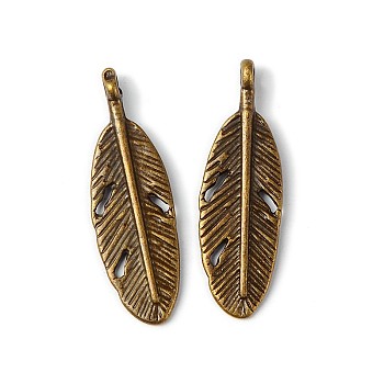 Antique Bronze Plated Feather Shape Zinc Alloy Charms Pendants Fit Jewelry Necklace Findings DIY, Lead Free & Cadmium Free & Nickel Free, about 9mm wide, 30mm high, 2mm thick, hole: 2mm