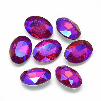 Pointed Back Glass Rhinestone Cabochons, Back Plated, Faceted, AB Color Plated, Oval, Red, 14x10x4.5mm