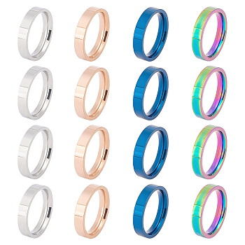 16Pcs 4 Colors 201 Stainless Steel Plain Band Ring for Women, Mixed Color, US Size 7(17.3mm), 4Pcs/color