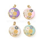4Pcs 4 Colors Brass Enamel Photo Locket Pendants, Flat Round with Flower Charms, Golden, Mixed Color, 18x13x7mm, Hole: 5x2.5~3mm, Inner Diameter: 12.5x11mm, 1pc/color(KK-F939-09G)
