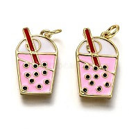 Brass Enamel Pendants, Long-Lasting Plated, Real 18K Gold Plated, with Jump Ring, Bubble Tea Shape, Pink, 20x12x2.2mm, Hole: 3.2mm(KK-B026-16G)
