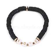 Handmade Polymer Clay Heishi Beads Stretch Bracelets, for Valentine's Day, with Brass Spacer Beads, Glass Beads and Plating Acrylic Beads, Word Love, Black, Inner Diameter: 2-1/8 inch(5.5cm)(BJEW-JB05306-06)