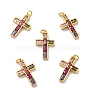 Cross Brass Micro Pave Colorful Cubic Zirconia Pendants, with Jump Rings, Cadmium Free & Nickel Free & Lead Free, Real 18K Gold Plated, 24.5x15x3mm, Hole: 3.4mm(KK-G419-29G)