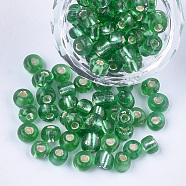 Glass Seed Beads, Silver Lined, Round, Green, 5~6x3~5mm, Hole: 1.2~2mm, about 2500pcs/bag(SEED-Q025-5mm-C11)