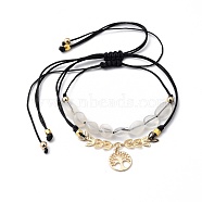 Adjustable Nylon Thread Braided Bead Bracelets Sets, with Natural Moonstone Beads and Brass Findings, Flat Round with Tree of Life, Golden, Black, Inner Diameter: 3/4 inch~4-1/4 inch(1.9~10.7cm) and 1 inch~4-1/4 inch(2.6~10.8cm), 2pcs/set(BJEW-JB05421)