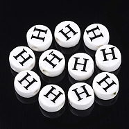 Handmade Porcelain Beads, Horizontal Hole, Flat Round with Letter, White, Letter.H, 8~8.5x4.5mm, Hole: 2mm(PORC-Q259-01H)