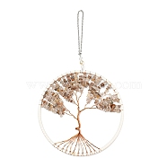 Wire Wrapped Chips Natural Fluorite Big Pendant Decorations, with Iron Chains and Imitation Leather Rope, Flat Round with Tree of Life, 295mm(HJEW-A005-06A)