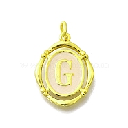 Brass Pendants, with Enamel, Oval with Letter, Real 18K Gold Plated, with Jump Ring, Letter G, 20x15~15.5x2mm, Hole: 3.5mm(KK-C088-01G-07)