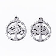 201 Stainless Steel Charms, Flat Round with Tree of Life, Stainless Steel Color, 12x10x1mm, Hole: 1mm(X-STAS-T050-020P)