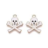 Halloween Theme Alloy Enamel Pendants, Cadmium Free & Lead Free, Light Gold, Skull Charm, White, 21x17.5x1.5mm, Hole: 1.8mm(PALLOY-N176-39A-RS)