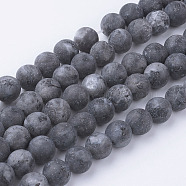 Natural Black Larvikite Bead Strands, Round, Frosted, 8~8.5mm, Hole: 1mm, about 45~47pcs/strand, 14.9 inch(38cm)(G-G735-57F-8mm)