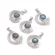 Natural Labradorite Pendants, Moon with Spaceman Charms, with Platinum Tone Brass Findings, 26x20x8.5mm, Hole: 3.5x5mm(KK-A173-18P-02)