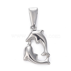 304 Stainless Steel Pendants, Double Dolphin, Stainless Steel Color, 19x11x2.5mm, Hole: 7.5x3mm(STAS-H110-09P)