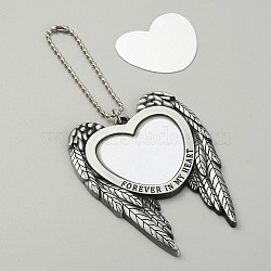 Zinc Alloy Heat Transfer Sublimation Blank Pendant Decorations, with Aluminum Findings, Angel Wings Holding Love Heart Car Keychain Ornament Decoration, Platinum, 150mm, Pendant: 83x65x4mm, Heart: 36x42x0.5mm.(AJEW-WH0324-21P)