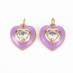 Brass Enamel Pendants, with Clear Cubic Zirconia and Jump Ring, Nickel Free, Real 16K Gold Plated, Heart, Dark Orchid, 17.5x15.5x4.5mm, Hole: 3.5mm(KK-T013-15C-NF)