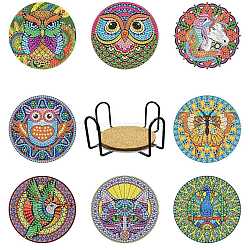 DIY Owl/Unicorn/Buttefly/Cat/Peacock/Hummingbird Pattern Coaster Diamond Painting Kits, Including Flat Round Cup Mat, Cork Pad, Coaster Holder, Resin Rhinestones Bag, Diamond Sticky Tools, Animal Pattern, Packaging: 140x140x65mm(ANIM-PW0001-177)