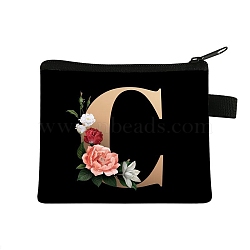 Initial Letter with Flower Cosmetic Bag, Polyester Wallets with Zipper, Black Change Purse, Clutch Bag for Women, Letter C, 11x13.5cm(PW-WG1F7F6-25)