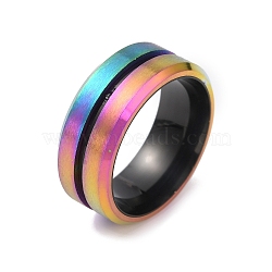 304 Stainless Steel Grooved Finger Ring for Men Women, Rainbow Color, Inner Diameter: 16.6mm(RJEW-WH0011-09A-MC)