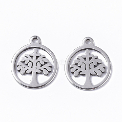 Non-Tarnish 201 Stainless Steel Charms, Flat Round with Tree of Life, Stainless Steel Color, 12x10x1mm, Hole: 1mm(X-STAS-T050-020P)