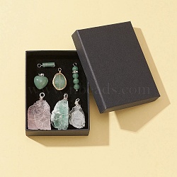 7Pcs 7 Styles Natural Mixed Gemstone Pendants Sets, Natural Green Aventurine & Rose Quartz & Quartz Crystal, Faceted Oval & Column & Nuggets & Heart, 18~34x5~15.5x5~10mm, Hole: 1.5~4.5mm, 1pc/style(G-FS0005-54)
