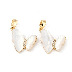 Natural White Shell Butterfly Pendants, Brass Micro Pave Clear Cubic Zirconia Butterfly Charms, Real 18K Gold Plated, 16x17.5x4mm, Hole: 5x2.5mm(KK-U043-25G)