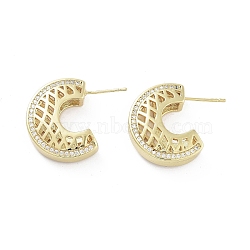 Half Round Brass with Cubic Zirconia Stud Earrings, Half Hoop Earrings, Long-Lasting Plated, Lead Free & Cadmium Free, Real 18K Gold Plated, 22x7mm(EJEW-Q811-28G)