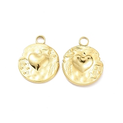 201 Stainless Steel Pendants, Flat Round with Heart, Golden, 19.5x16x3mm, Hole: 2.5mm(STAS-G273-01G)