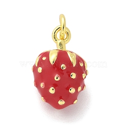 Brass Enamel Pendants, with Jump Ring, Lead Free & Cadmium Free, Real 18K Gold Plated, Fruits Charm, Strawberry, 15x10x8mm, Hole: 3mm(KK-S511-01B-G)