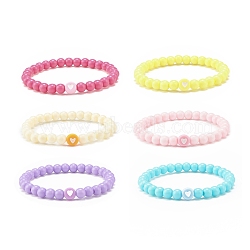 6Pcs 6 Color Flat Round with Heart Acrylic Beaded Stretch Bracelets Set for Kids, Mixed Color, Inner Diameter: 1-3/4 inch(4.6cm), 1Pc/color(BJEW-JB08063)