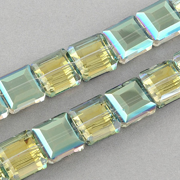 Transparent Half Plated Faceted Glass Beads Strands, Square, Yellow Green, 13x13x7.5mm, Hole: 2mm, about 40pcs/strand, 19.6 inch