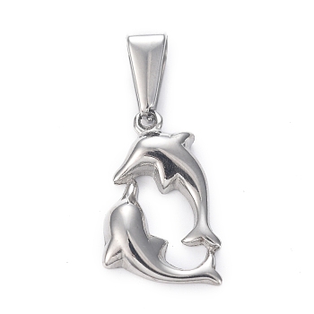 304 Stainless Steel Pendants, Double Dolphin, Stainless Steel Color, 19x11x2.5mm, Hole: 7.5x3mm