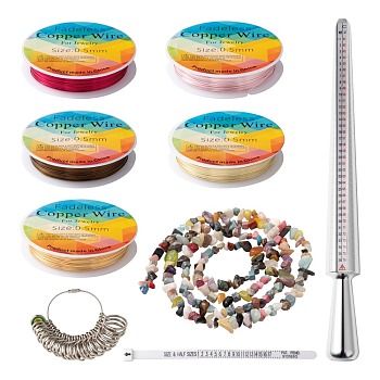 DIY Mixed Stone Chip Beads Finger Ring Making Kit, Including Natural & Synthetic Mixed Stone Chip Bead Strand, Copper Wire, Jewelry Measuring Tool Sets, Ring Sizer US Finger Measure, Stone Chip Beads Strand: 31.5 inch