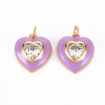 Brass Enamel Pendants, with Clear Cubic Zirconia and Jump Ring, Nickel Free, Real 16K Gold Plated, Heart, Dark Orchid, 17.5x15.5x4.5mm, Hole: 3.5mm