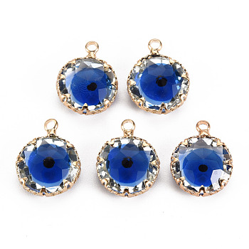 Transparent Glass Pendants, with Brass Prong Settings, Faceted, Flat Round with Evil Eye, Light Gold, Blue, 17x13x6mm, Hole: 1.8mm