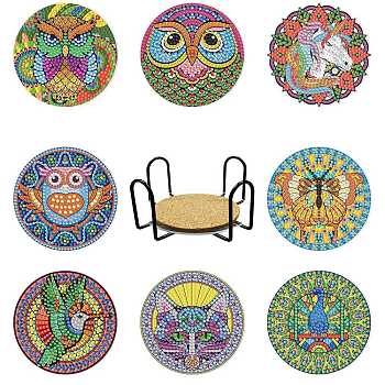 DIY Owl/Unicorn/Buttefly/Cat/Peacock/Hummingbird Pattern Coaster Diamond Painting Kits, Including Flat Round Cup Mat, Cork Pad, Coaster Holder, Resin Rhinestones Bag, Diamond Sticky Tools, Animal Pattern, Packaging: 140x140x65mm