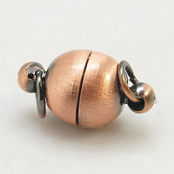 Brass Magnetic Clasps with Loops, Lead Free, Cadmium Free and Nickel Free, Oval, Brushed Red Copper, 16~17x10mm, Hole: 3mm
