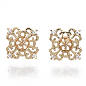 Brass Micro Pave Clear Cubic Zirconia Stud Earring Findings, for Half Drilled Beads, Nickel Free, Flower, Real 18K Gold Plated, 9.5x9.5mm, Pin: 0.7mm, Pin: 0.8mm(for half drilled beads)