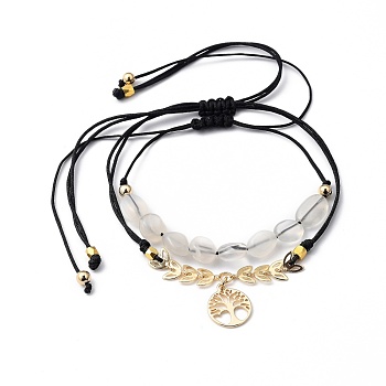 Adjustable Nylon Thread Braided Bead Bracelets Sets, with Natural Moonstone Beads and Brass Findings, Flat Round with Tree of Life, Golden, Black, Inner Diameter: 3/4 inch~4-1/4 inch(1.9~10.7cm) and 1 inch~4-1/4 inch(2.6~10.8cm), 2pcs/set